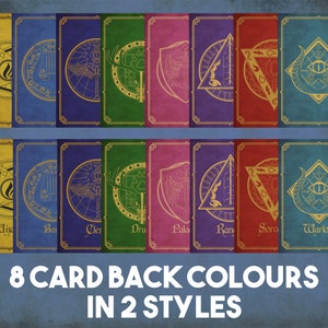 May include: Two rows of eight card backs, each with a different color and design. The top row features yellow, blue, green, pink, purple, red, blue, and teal card backs. The bottom row features the same designs but in a different style. The text "8 CARD BACK COLOURS IN 2 STYLES" is at the bottom of the image.