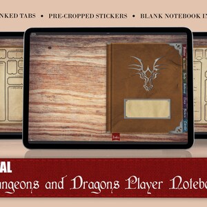 Könnte beinhalten: Digitales Dungeons and Dragons Spieler-Notizbuch mit verlinkten Registerkarten, vorgefertigten Stickern und einem leeren Notizbuch. Der Notizbuchumschlag hat ein braunes Lederdesign mit einem silbernen Drachen.