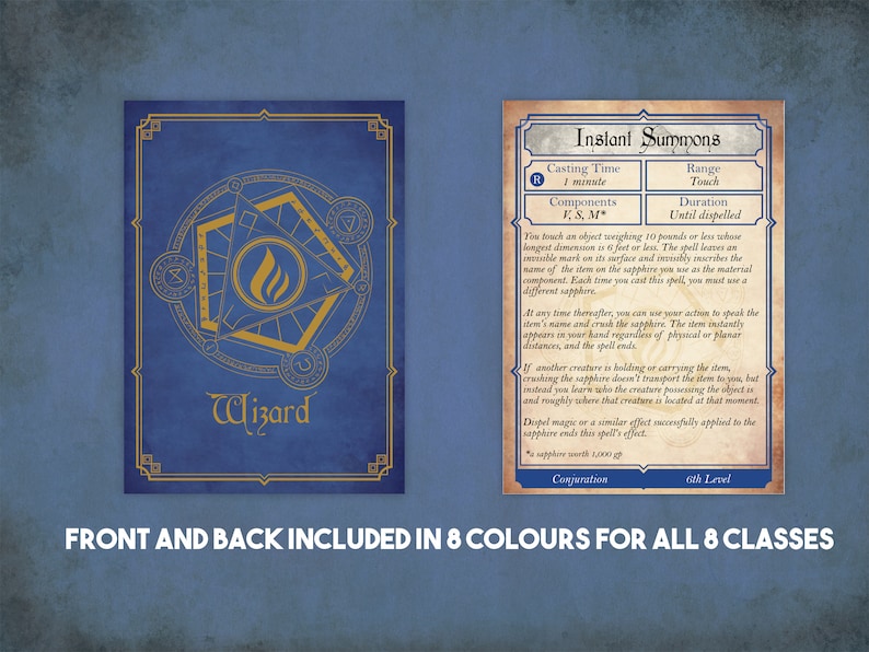May include: A blue and gold card with the word "Wizard" on the front and a spell card called "Instant Summons" on the back. The back of the card describes the spell's components, range, duration, and how to cast it.