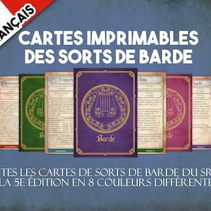 Cartões de feitiço DnD do bardo francês, cartões de feitiço para impressão de Dungeons and Dragons, acessórios do Dungeon Master, download instantâneo de 129 feitiços de bardo