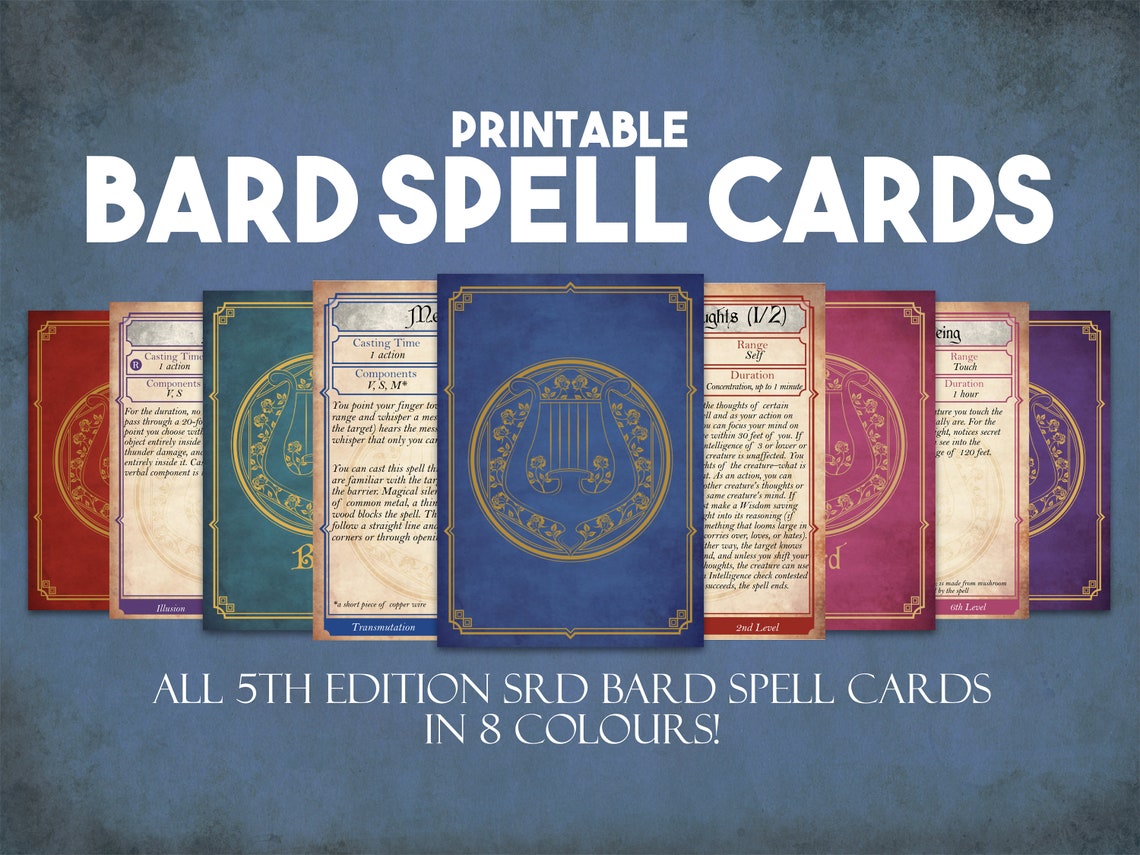 Bard Dnd Spell Cards, Dungeons and Dragons Printable Spell Cards