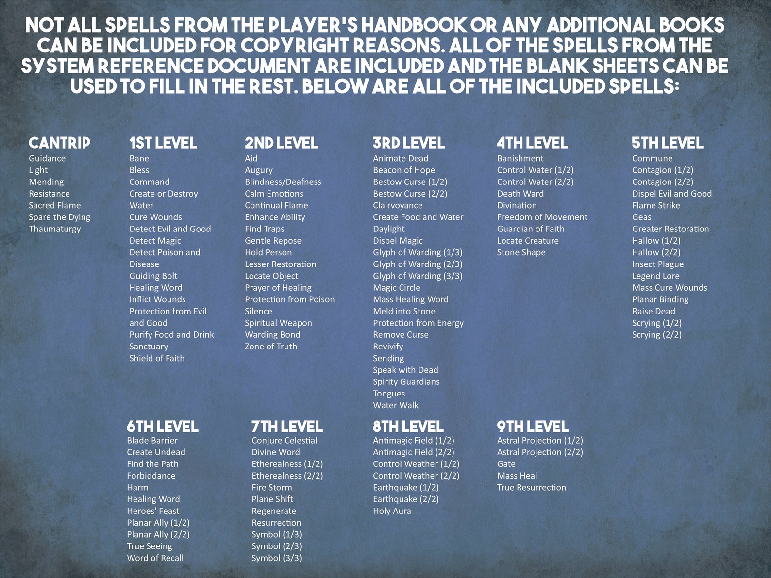 Cleric Dnd Spell Cards, Dungeons and Dragons Printable Spell Cards ...