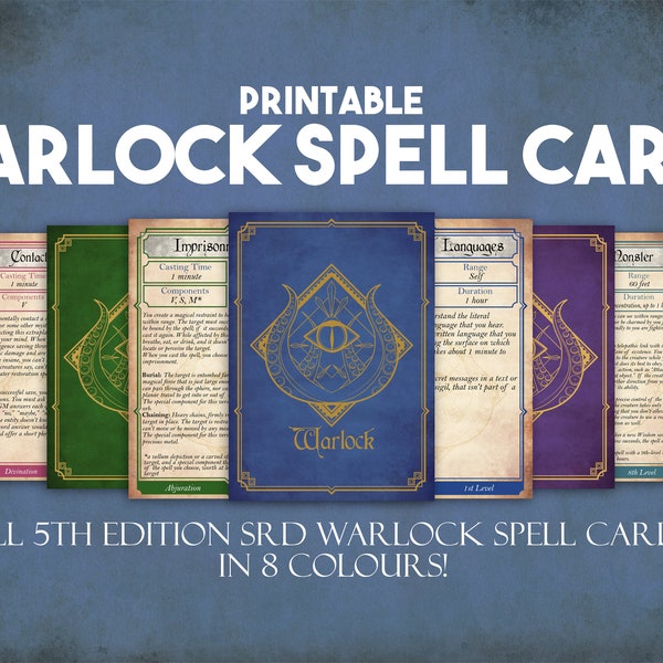 Warlock DnD Spell Cards, Dungeons and Dragons Printable Spell Cards, Dungeon Master Accessories, 71 Warlock Spell Cards Instant Download