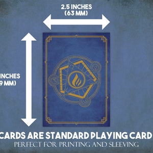 May include: A blue playing card with a gold border and a gold design in the center. The card measures 3.5 inches by 2.5 inches. All cards are standard playing card size, perfect for printing and sleeving.