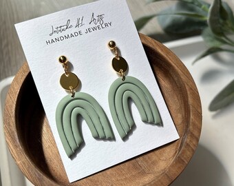 CLAY EARRINGS | Light Green | Sage Green | Arch | Rainbow | Boho | Gold | Lightweight | Hypoallergenic