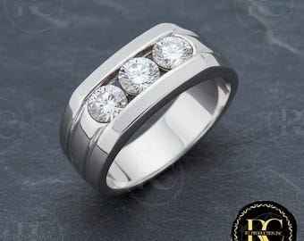 2Ct Diamond Gemstone Three Stone Men's Ring, 14K White Gold Plated Sterling Silver Wedding