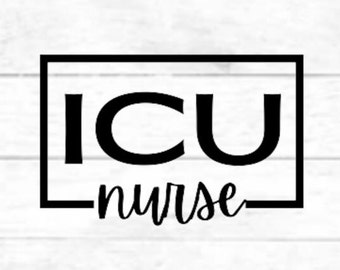 Peut inclure: Conception graphique en noir et blanc avec le texte "ICU nurse" à l'intérieur d'un carré noir.
