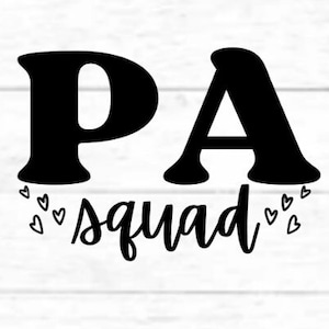 Könnte beinhalten: Schwarzweißes Grafikdesign mit dem Text "PA squad" umgeben von kleinen Herzen.