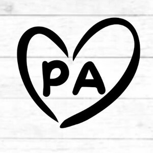 May include: Black heart-shaped graphic with the letters "PA" inside. The design is simple and bold, with a handwritten style. The background is a white, wood-grain pattern.