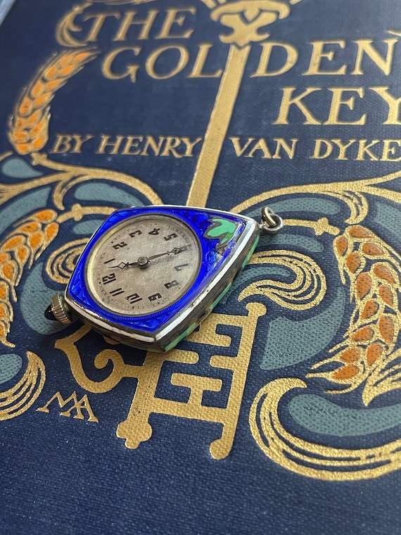 ArtDeco kite shaped guilloche enamel sterling silver pendant watch View 4