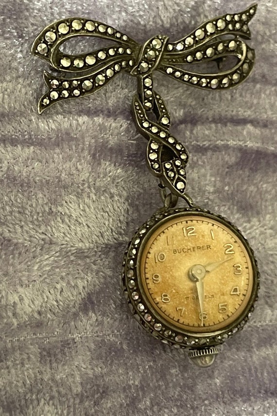 1930s Bucherer Marcasite Brooch Watch Gem