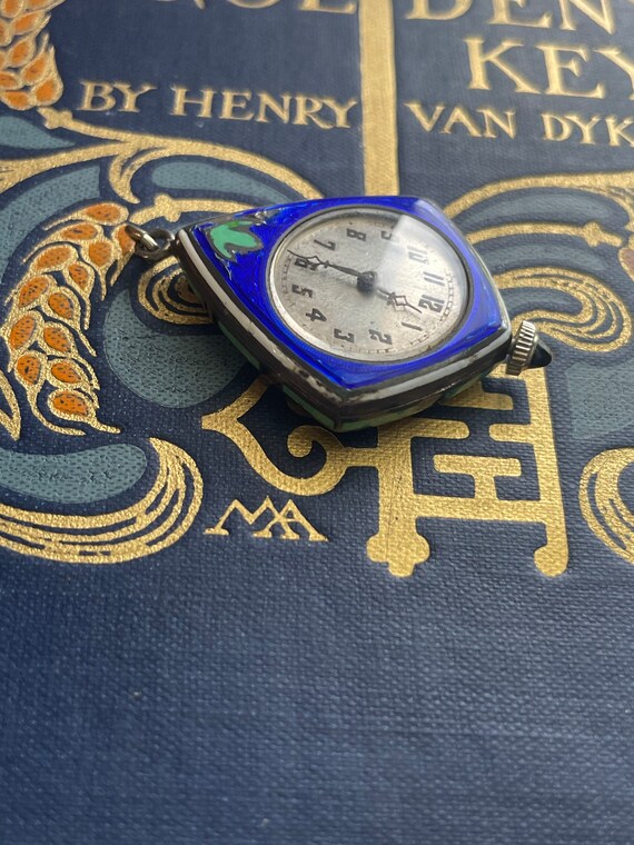 ArtDeco kite shaped guilloche enamel sterling silver pendant watch View 3