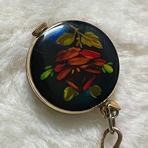 Bucherer Pendant Watch with Hand-Painted Rose and Dark Blue Enamel