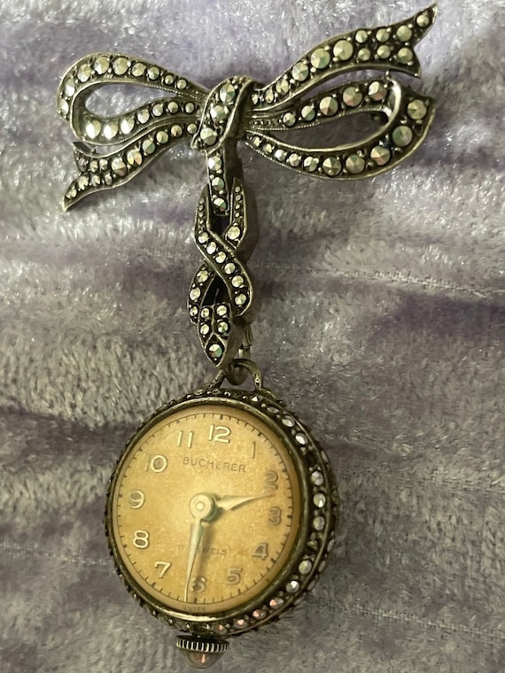 1930s Bucherer Marcasite Brooch Watch