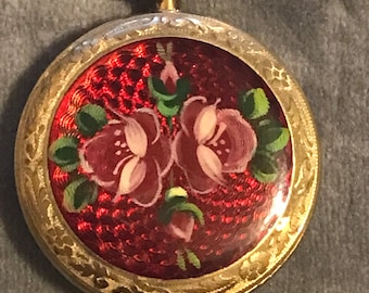 Red enamel guilloche floral pendant watches