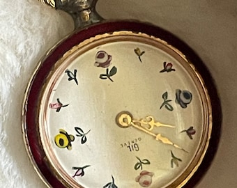 Vivid Red enamel gold leaf and hand-painted floral mini pocket watch