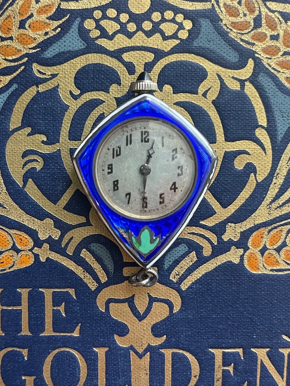 ArtDeco kite shaped guilloche enamel sterling silver pendant watch View 2