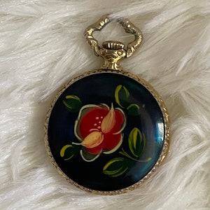 Art Deco Mini-pocket watch/ pendant watch by Bucherer with Hands-painted red rose, blue enamel