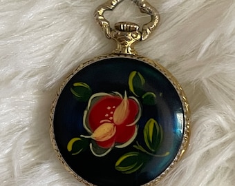 Art Deco Mini-pocket watch/ pendant watch by Bucherer with Hands-painted red rose, blue enamel