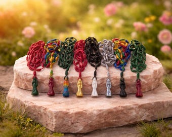 Santa Muerte Handmade Knotted Rosary Rosario Necklace Cord Twine Rope Holy Death with 1.25" Fixed & Blessed. Choice of color combinations