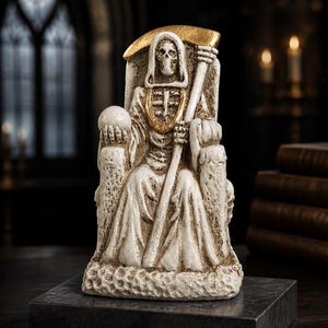 May include: A detailed statue of the Grim Reaper seated on a throne, holding a scythe and a globe. The figure is primarily off-white with gold accents on the hood, chest, and scythe. The statue is placed on a dark gray surface.