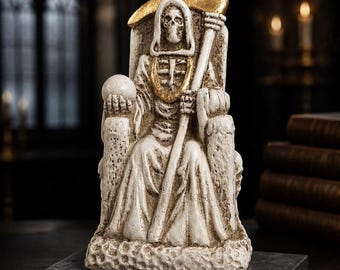 Santa Muerte 3.75" Hueso Bone Seated Sentada En El Throno Statue Fully Loaded Estatuita Holy Death Blessed Mexico Authentico.