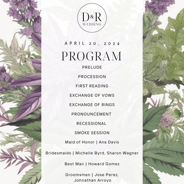 Cannabis Inspired Purple Bouquet Wedding Program Template | 420 Wedding Program Digital Download | Canna Themed Wedding Itinerary