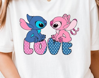 Stitch and Angel Love Shirt, Cute Lilo and Stitch Cartoon Tee, Romantic Disney Couple Graphic T-Shirt, Gift for Fans