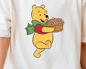 Winnie the Pooh Valentine T-Shirt | Cute Disney Bear Holding Candy Basket Graphic Tee for Love Season and Gift Givers
