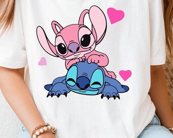 Angel Hugging Stitch Shirt, Lilo and Stitch Cartoon Love Tee, Cute Disney Couple Graphic T-Shirt, Gift for Her or Him