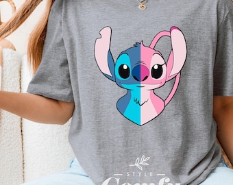Stitch and Angel Love Shirt, Lilo and Stitch Cute Tee, Valentine's Day Disney Shirt, Romantic Cartoon Shirt, Blue Alien Love Tee