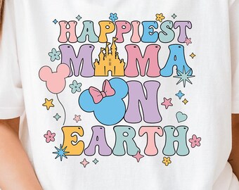 Happiest Mama on Earth Shirt Cute Disney Matching Tee with Mickey Bow Castle Stars Magic Mom Vacation Tee
