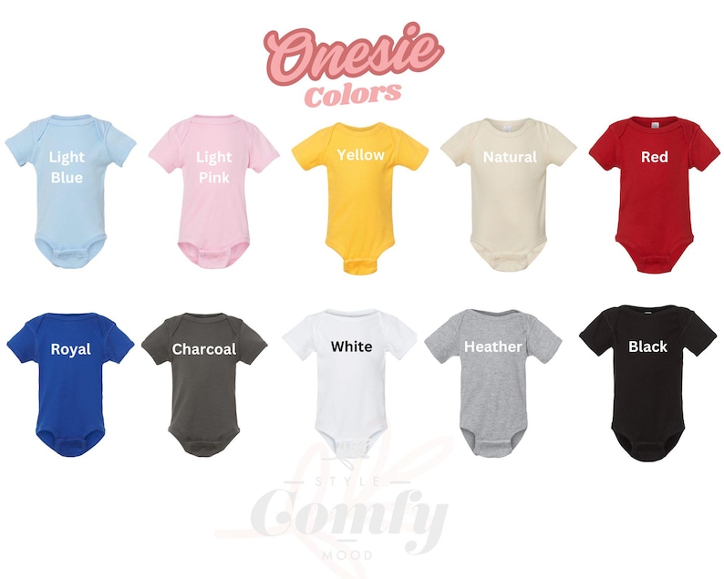 K&ouml;nnte beinhalten: Zehn Bodys in verschiedenen Farben, darunter hellblau, hellrosa, gelb, natur, rot, royalblau, anthrazit, wei&szlig;, grau meliert und schwarz. Die Bodys sind in zwei Reihen mit jeweils f&uuml;nf angeordnet. Das Wort "Onesie Colors" ist oben im Bild in rosa geschrieben.