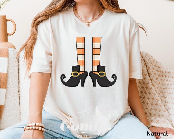 Orange Striped Witch Legs Shirt – Halloween Costume T-Shirt for Women, Fun Spooky Season Tee with Classic Boots Graphic