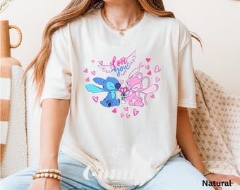 Love You Stitch and Angel Valentines Day Shirt - Cute Couple Cartoon T-Shirt - Pink Blue Heart Graphic Tee for Her or Him