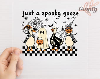 Just a spooky goose dtf transfer halloween ghost skeleton geese ready to press heat pressable design for shirts