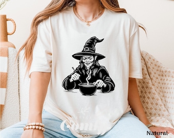 Vintage Witch Shirt Stirring Cauldron Graphic Tee, Spooky Halloween T-Shirt for Women, Dark Magic Goth Style Fall Top