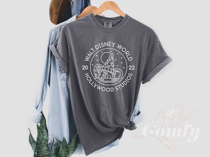 Puede incluir: Una camiseta gris oscuro con un dise&ntilde;o gr&aacute;fico blanco en forma de c&iacute;rculo con el texto "Walt Disney World 20 Hollywood Studios 22" y una ilustraci&oacute;n estilizada del Hollywood Tower Hotel.
