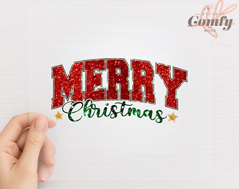 Merry Christmas Red Glitter Lettering DTF Transfer Holiday Typography Heat Press Vinyl Full Color Ready to Press Festive Design