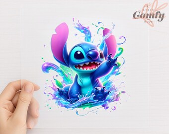 Stitch Water Splash DTF Transfer Ready to Press | Cute Cartoon Heat Press Design for Shirts | Hot Peel Direct to Film Print