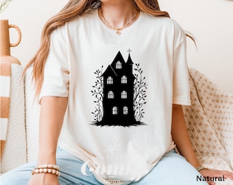 Haunted House Shirt with Gothic Windows, Halloween Graphic Tee for Women, Spooky Haunted Mansion Silhouette T-Shirt