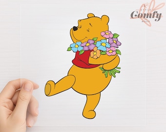 Winnie The Pooh Holding Flowers DTF Transfer Spring Floral Love Cute Cartoon Heat Press Ready To Press Shirt Print