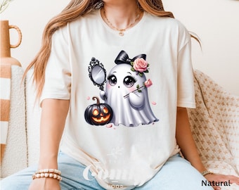 Glam Ghost Mirror Pumpkin Halloween Tshirt - Cute Spooky Season Tee With Roses And Aesthetic Jack O Lantern For Women
