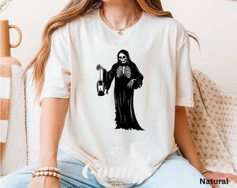 Skeleton Reaper Shirt Grim Holding Lantern Tee Halloween Horror TShirt Creepy Death Reaper Graphic Shirt Scary Fall Gift For Her