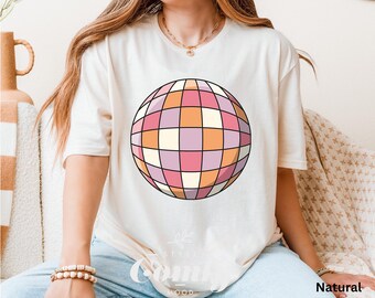 Retro Disco Ball T-Shirt – Pastel Pink Orange Checkered Mirror Ball Tee, Groovy Party Dance Shirt, Vintage Vibes T-Shirt for Her