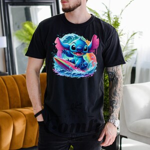 a man in a black t - shirt is standing in a room