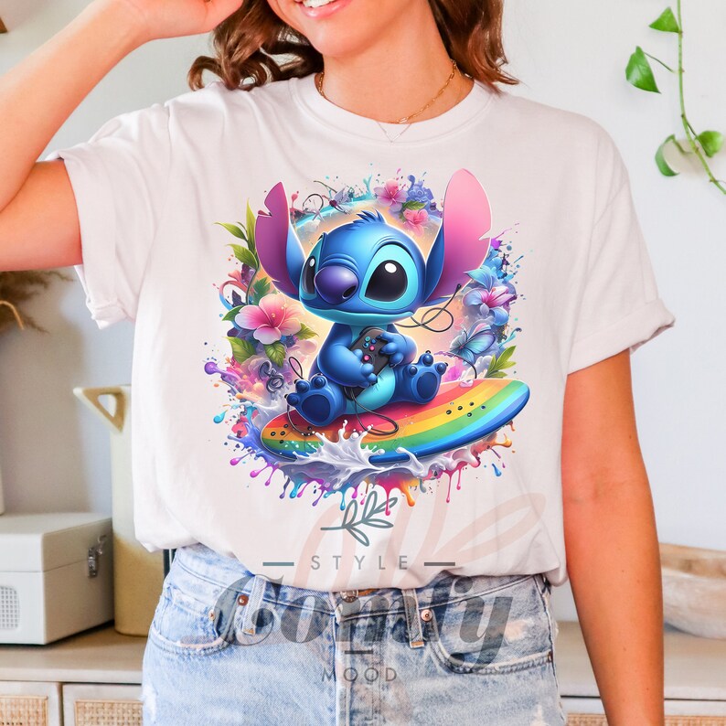 a woman wearing a t - shirt with a picture of stitching stitching on