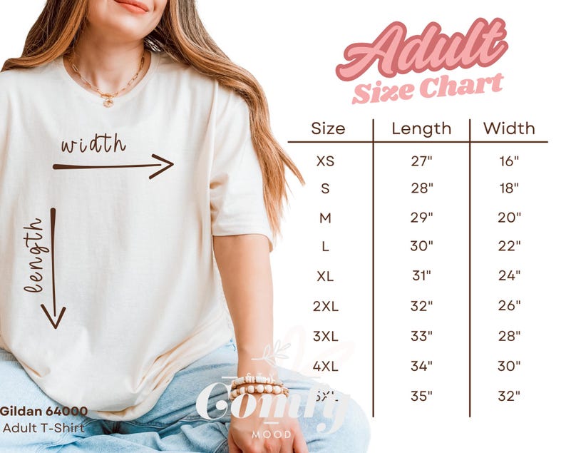 K&ouml;nnte beinhalten: Eine Gr&ouml;&szlig;entabelle f&uuml;r T-Shirts f&uuml;r Erwachsene, die die Ma&szlig;e in Zoll f&uuml;r Breite und L&auml;nge angibt. Die Tabelle umfasst die Gr&ouml;&szlig;en XS bis 4XL.