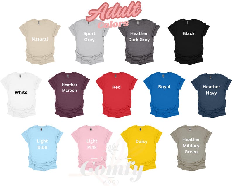 K&ouml;nnte beinhalten: Eine Tabelle mit 15 verschiedenen T-Shirt-Farben, darunter Natur, Sportgrau, Dunkelgrau meliert, Schwarz, Wei&szlig;, Rotbraun meliert, Rot, Royalblau, Marineblau meliert, Hellblau, Hellrosa, Daisy, Milit&auml;rgr&uuml;n meliert. Der Text "Adult Colors" befindet sich oben in der Tabelle.