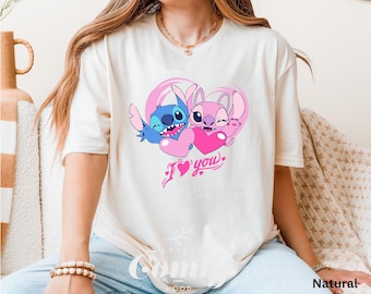 Stitch and Angel Holding Hearts Shirt - Valentines Day Couple T-Shirt - Cute Pink Blue Cartoon Love Tee for Her or Him